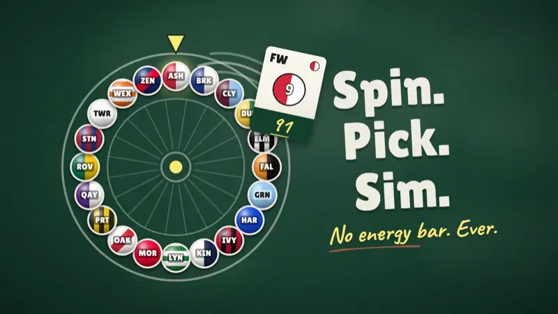 Gaffa XI artwork: a wheel of fictional club badges on a chalkboard next to the words Spin. Pick. Sim.